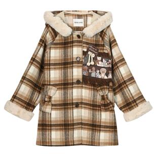 森女部落原创美拉德复古格子小熊毛呢连帽外套呢子大衣中长款闺蜜