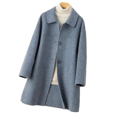 秋冬天新款双面羊绒大衣女中长款娃娃领宽松茧型人字纹羊毛呢外套