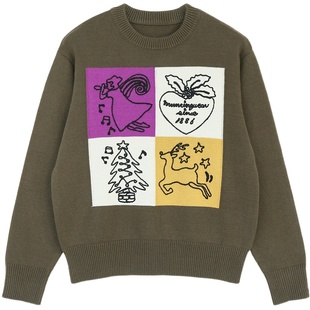 花吉B545绿色古着四宫格印花圣诞毛衣女2025新款冬季学院风上衣