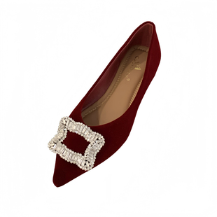 2025年秋季新款法式尖头水钻方扣金丝绒浅口平底鞋女绒面软底单鞋