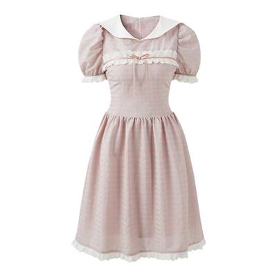 粉格子娃娃领少女蕾丝系带连衣裙