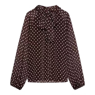 ZA外贸出口女装新款休闲系带装饰咖色蝴蝶结饰波点衬衫1165237