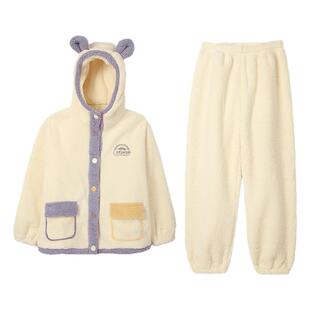 安之伴珊瑚绒连帽秋冬季睡衣女款大码宽松甜美可爱家居服保暖套装