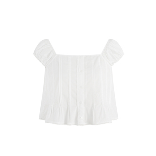 HeyDress法式方领短袖女夏季新款花苞袖衬衫减龄设计感白色上衣