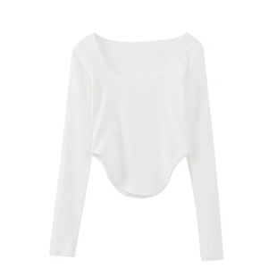 白色t恤女长袖不规则下摆修身小衫V领上衣秋冬加厚德绒打底衫内搭