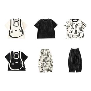 幼悠 儿童兔子印花娃娃翻领T恤夏季薄款男童休闲短袖裤子套装夏装