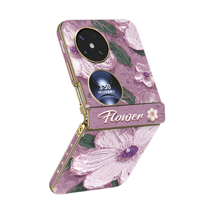 紫底山茶花适用于华为pocket2手机壳新款折叠poket高端皮纹中轴保护套packet2腕带挂绳斜挎高级全包防摔外壳