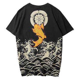 鲤鱼海浪樱花潮牌日系个性男款女情侣装和风T恤烫金宽松纯棉个性