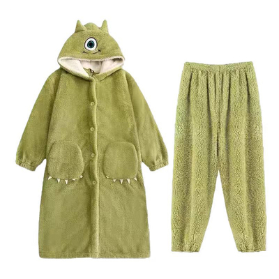 秋冬季睡衣女款2025新款大眼仔珊瑚绒睡袍可外穿加绒加厚家居服