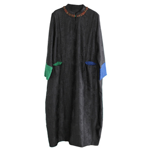 兮风原创撞色拼接复古连衣裙简约大方立领百搭素雅提花春秋打底裙