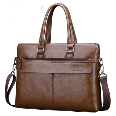 正品袋鼠手提包横款商务牛皮单肩