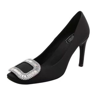 高跟鞋女细跟王漫妮同款灰色水钻中跟单鞋绸缎圆头方扣婚鞋工作鞋