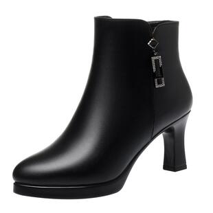 2022年秋冬高跟鞋真皮短靴女防水台细跟加绒女靴中年短筒中跟皮靴