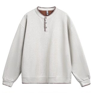 悟空有货复古手缝线亨利领卫衣男女2026春季潮牌情侣宽松百搭上衣