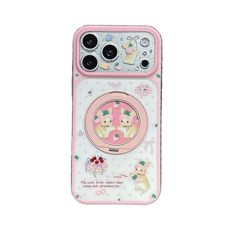 IMD闪粉草莓甜点兔子适用iphone秒变苹果17promax小众16pro女生15卡通可爱精孔包相机ai键360旋转支架手机壳