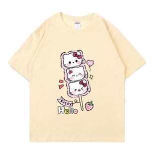 很润工作室 可爱卡通奶呼呼可爱猫咪浅黄色短袖女宽松百搭T恤夏潮