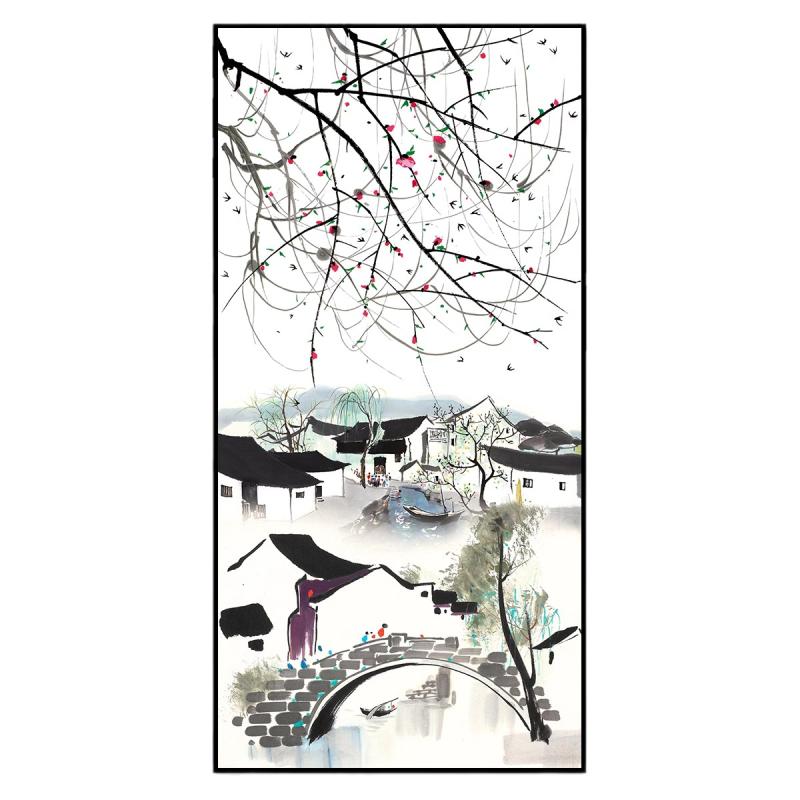 新中式吴冠中水墨画玄关过道装饰画客厅简约壁画江南水乡挂画国画