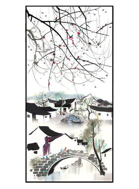 新中式吴冠中水墨画玄关过道装饰画客厅简约壁画江南水乡挂画国画