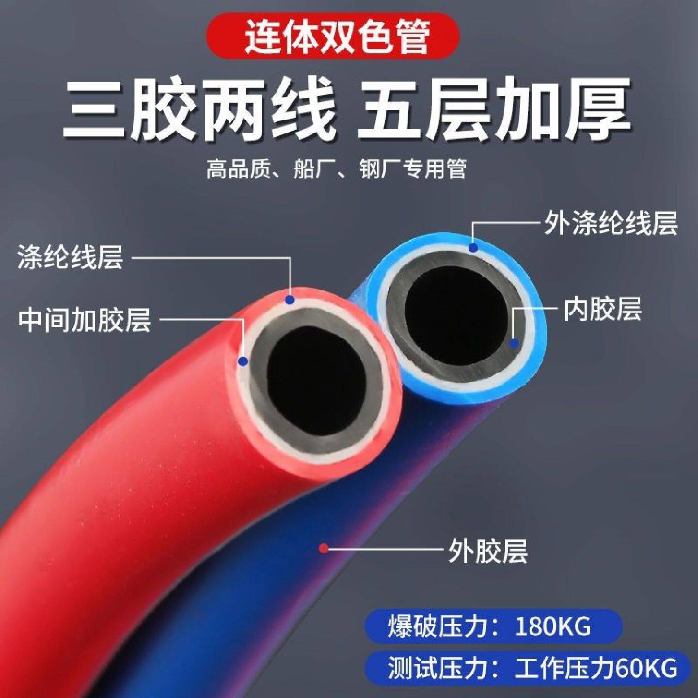 氧气乙炔软管6mm双色连体胶管高压耐寒软管焊接工业氧气带煤气管