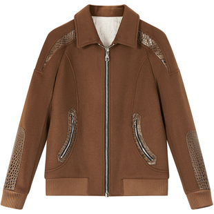 【奢品】ZOUK纯羊毛高端毛呢外套男潮牌拼接豹纹羊皮真皮夹克秋冬