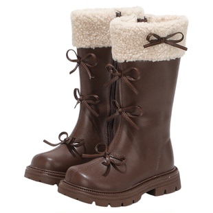 女童鞋子儿童高筒皮靴2025新款冬季小女孩加绒保暖公主洋气长筒靴