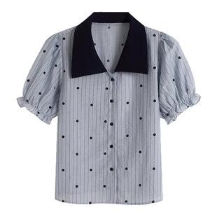 【含亚麻】弥古条纹衬衫上衣女夏宽松娃娃衫短袖正肩法式波点衬衣