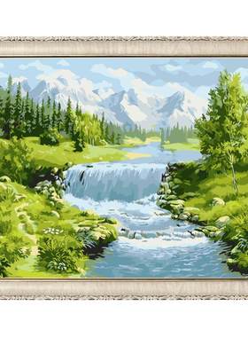 新款风景山水填色数字油画丙烯