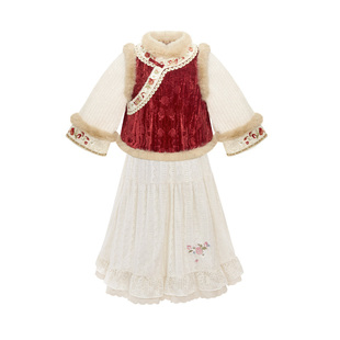 十三余童装[瑞桃丹珠]国风新款套装冬汉服女童刺绣上衣裙子两件套