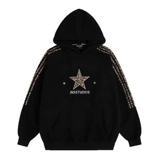 INSstudios 国潮牌美式复古「豹纹插肩条纹卫衣」宽松加绒连帽衫