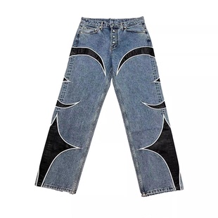 THUG CLUB星月美式潮牌火焰拼接高街阔腿男士款直筒牛仔裤长裤子