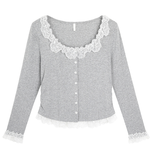 纯欲甜美蕾丝花边方领温柔韩系胖莹莹大码女装收腰针织打底衫上衣