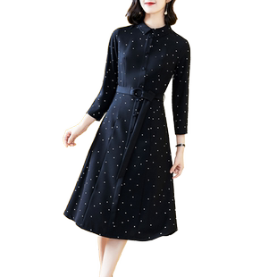 高档品牌连衣裙长袖女正品春秋2025新款波点系带洋气名媛过膝长裙