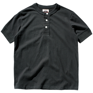 亨利领男短袖T恤衫美式复古扣领定制螺纹收口袖纯棉纯色百搭短袖T