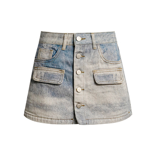 Liilou  牛仔印花 重工水洗 舒适棉质一排扣高腰A字牛仔短裙