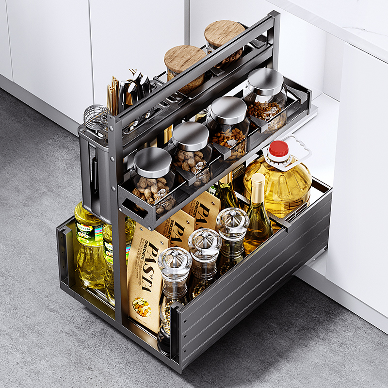 Kitchentime厨房橱柜抽屉式模块化玻璃盒铝合金阻尼调料调味拉篮