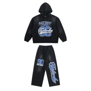 周六街舞俱乐部美式街头风印花连帽卫衣套装重磅演出服