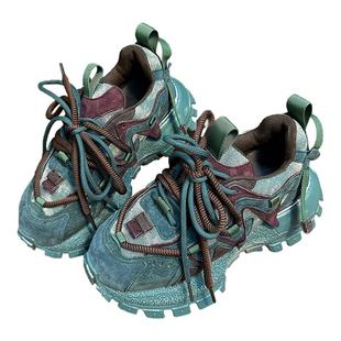 磨砂真皮松糕厚底老爹鞋女2025新款百搭双鞋带增高休闲运动阿甘鞋