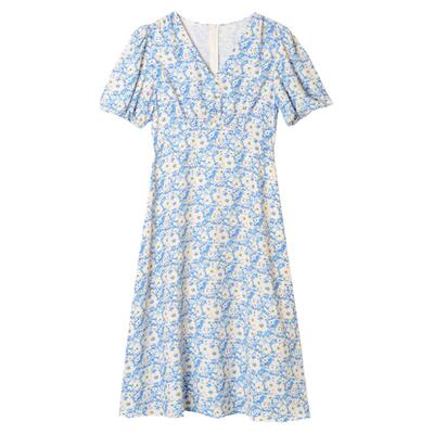 田园风V领碎花连衣裙女