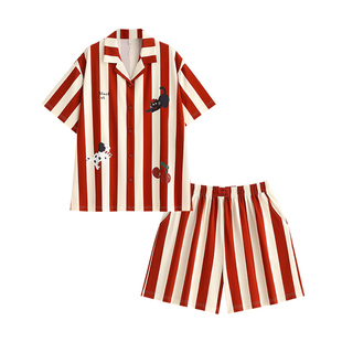 悦内睡衣女款夏季夏天纯棉短袖短裤家居服休闲时尚本命年红色条纹