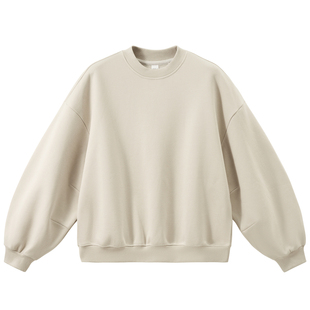 美式休闲抓绒圆领弯刀袖卫衣男潮牌重磅340G宽松纯色简约圆领上衣