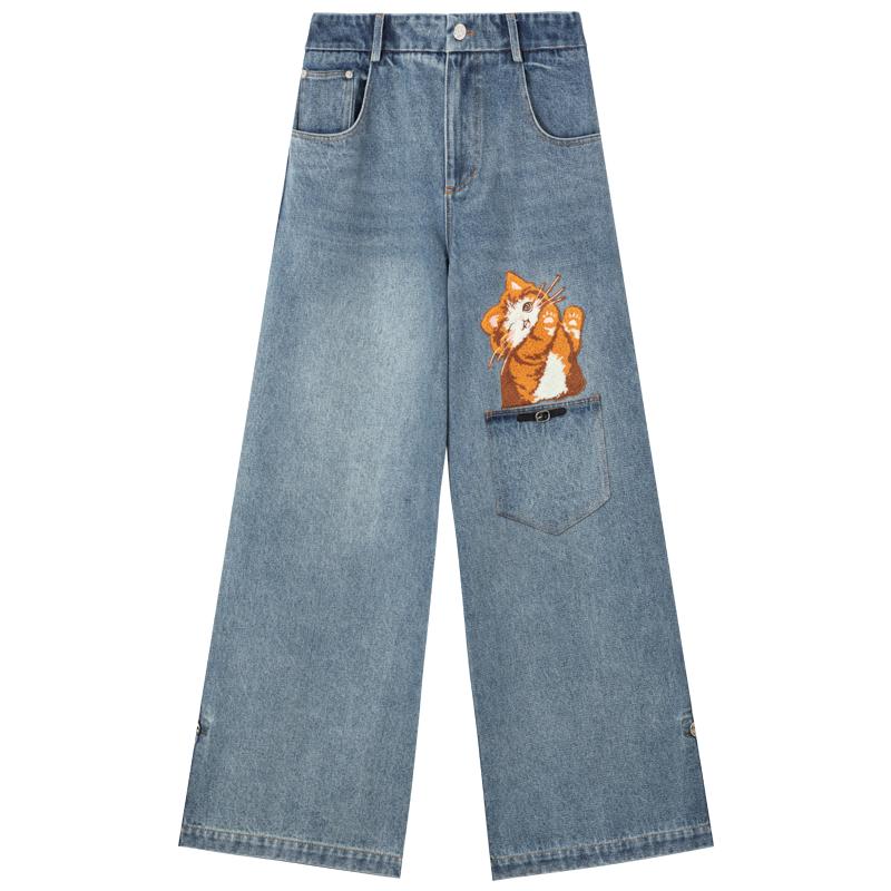 KEIKO 设计感可爱绣花阔腿牛仔裤2025新款做旧水洗低腰宽松直筒裤