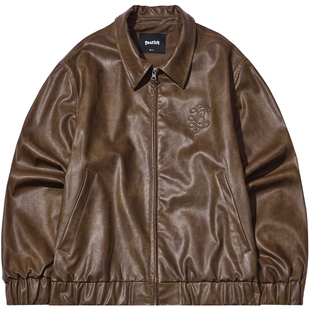 BEASTER钢压立体图案翻领皮衣夹克男美式复古新款休闲pu皮外套