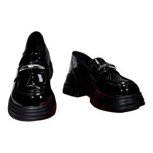 丹行道黑色漆皮厚底乐福鞋女2026春季新款一脚蹬百搭英伦风小皮鞋