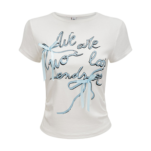 Go Girl Go 自制欧美风蝴蝶结白色正肩短袖T恤女夏季收腰修身上衣