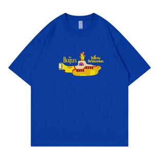 The Beatles披头士乐队黄色潜水艇落肩宽松纯棉圆领摇滚短袖T恤蓝