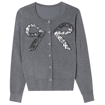 白鹿语灰色蝴蝶结亮片针织开衫