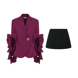 Maison Wester2026年春季新品绛紫色西装外套纯黑简约小短裙套装