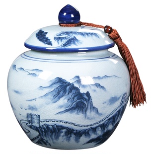 兰山水将军茶叶罐陶瓷密封茶缸哥窑开片大中小普洱熟茶绿茶存茶盒