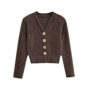 纯欲风名媛软糯性感v领短款毛衣开衫外套秋冬毛绒长袖针织衫上衣