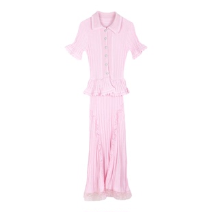 跨境法式粉色雷丝短袖连衣裙夏季新款收腰显瘦气质小香风优雅礼裙